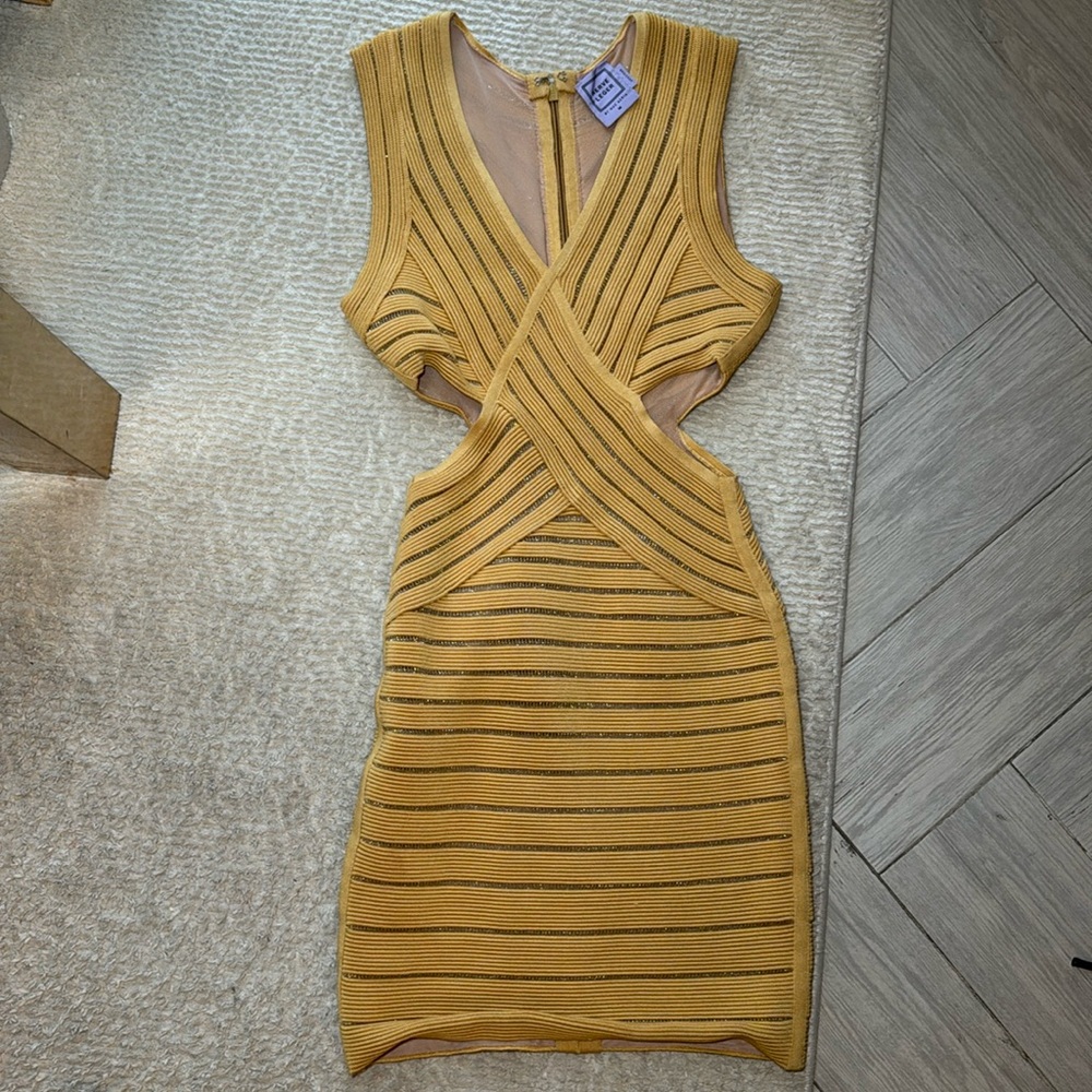 HERVE LEGER yellow mini banded dress cutouts size medium